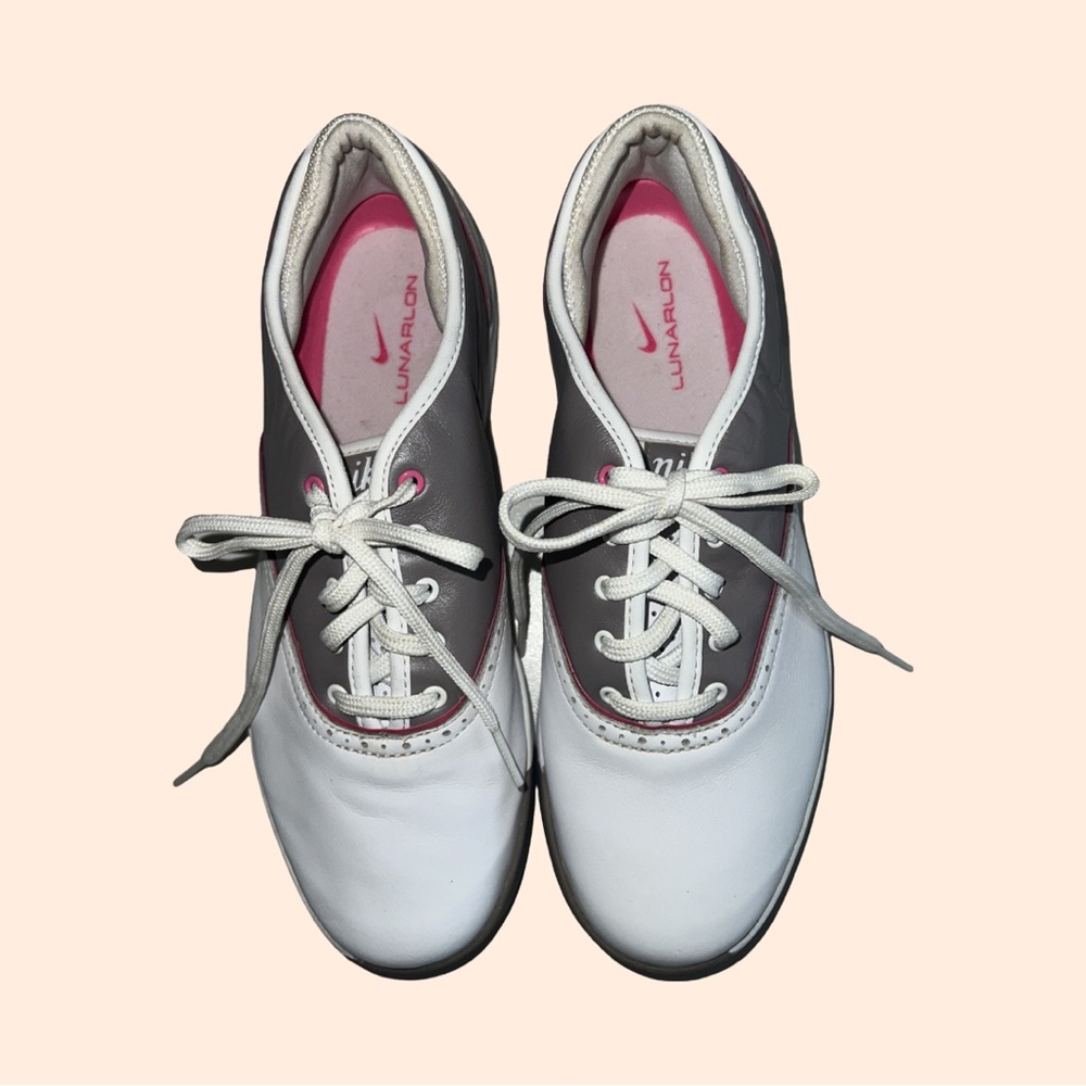 Nike Lunarlon Golf Shoes Leather Women 6.5 White/Gray with Pink Accent
